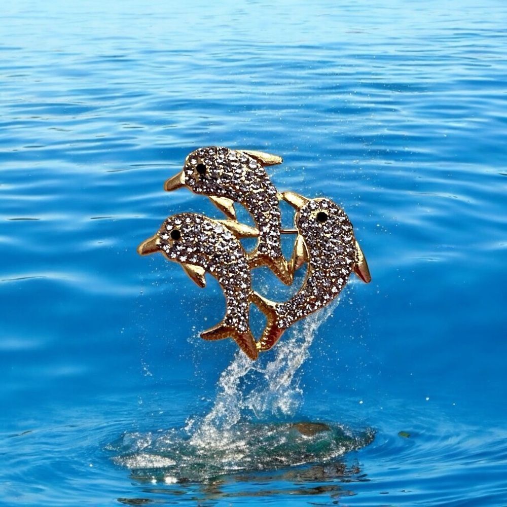 Purple Rhinestone Dolphins Gold Tone Brooch